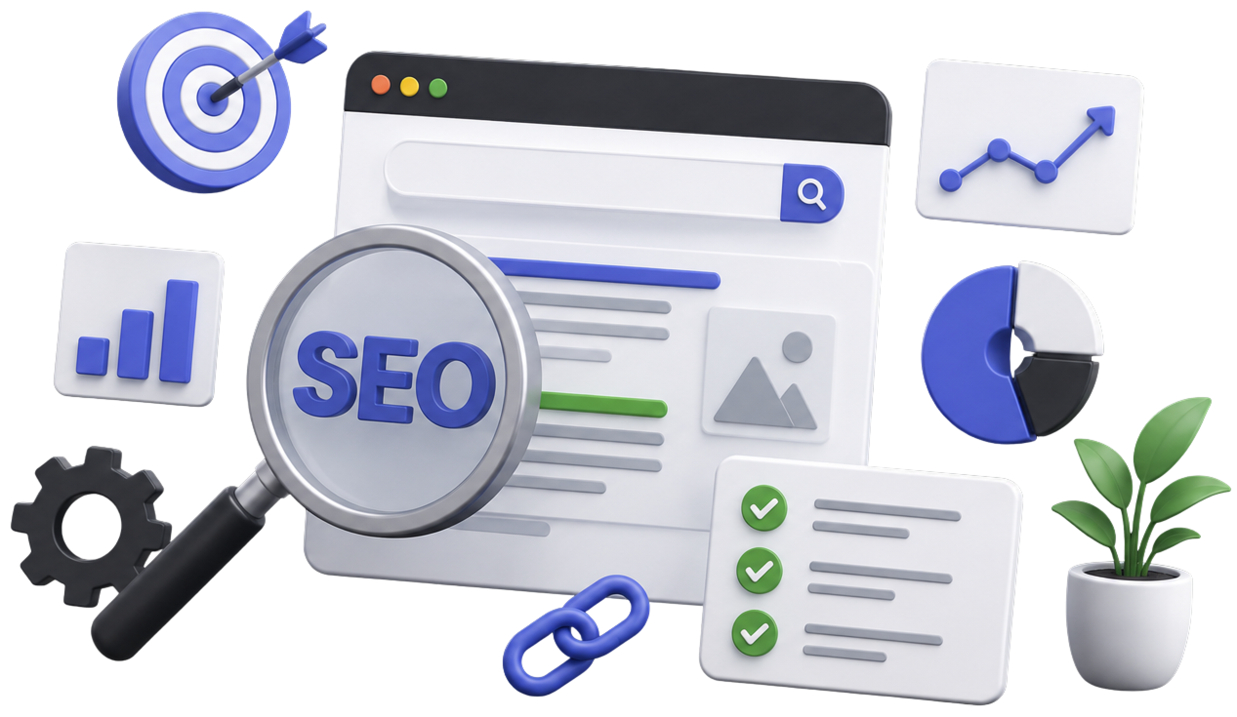 SEO search dashboard with analytics icons